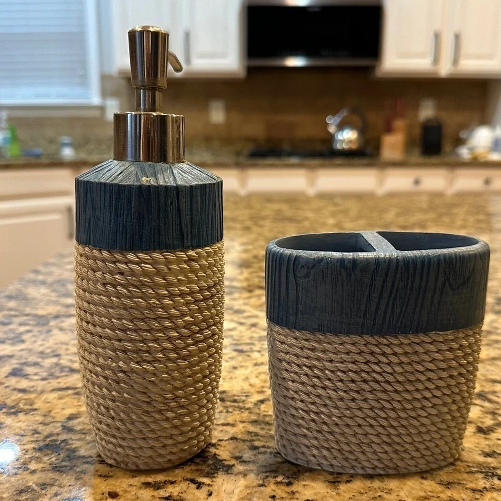 Coastal Themed Decor Soap Dispenser & Toothbrush Holder Set – Blue & Cream